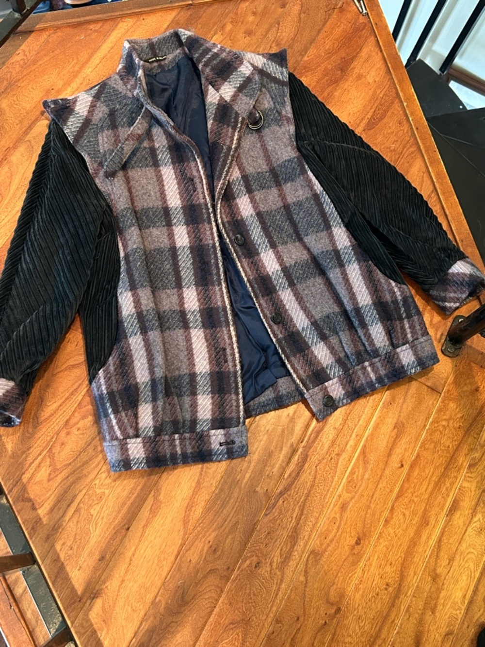 Jimmy Hourihan of Dublin 100% Pure New Wool Navy Purple Plaid Pea Coat Corduroy